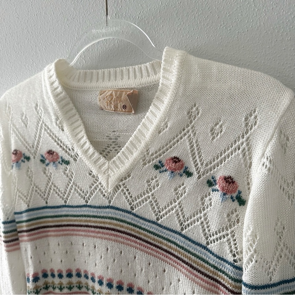 Womens Vintage Grandma Sweater Sz M V Neck Floral Cottagecore - Picture 5 of 12